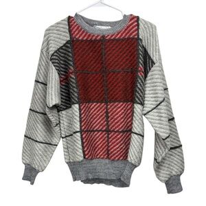 Vintage 90s Cty Size Large Grandpa Pullover Sweater 3D Red Gray Black Preppy